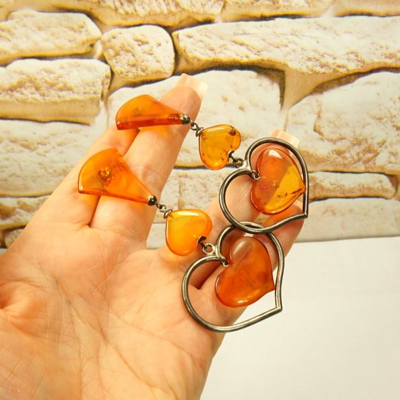 ANTIQUE AMBER EXTRA LONG EARRINGS, UNIQUE GIFT FOR WOMEN - Picture 4 of 10